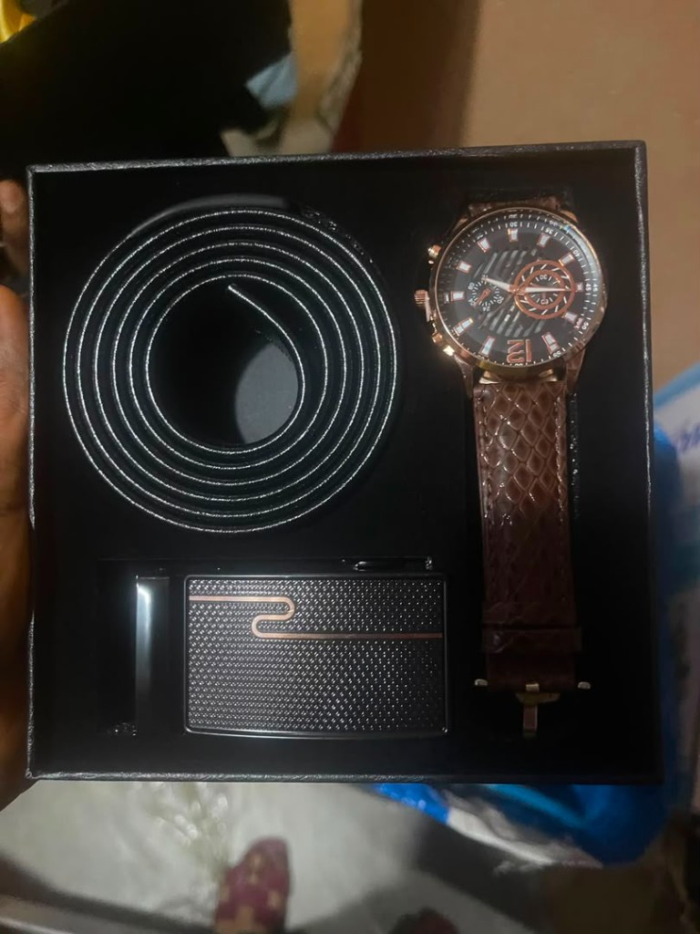 Rose gold chronograph watch and black leather belt gift set