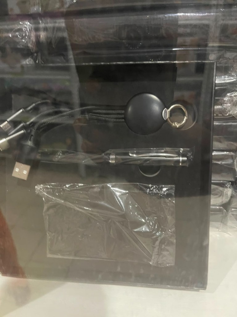 Multi-connector charging cable, pen, and notebook gift set
